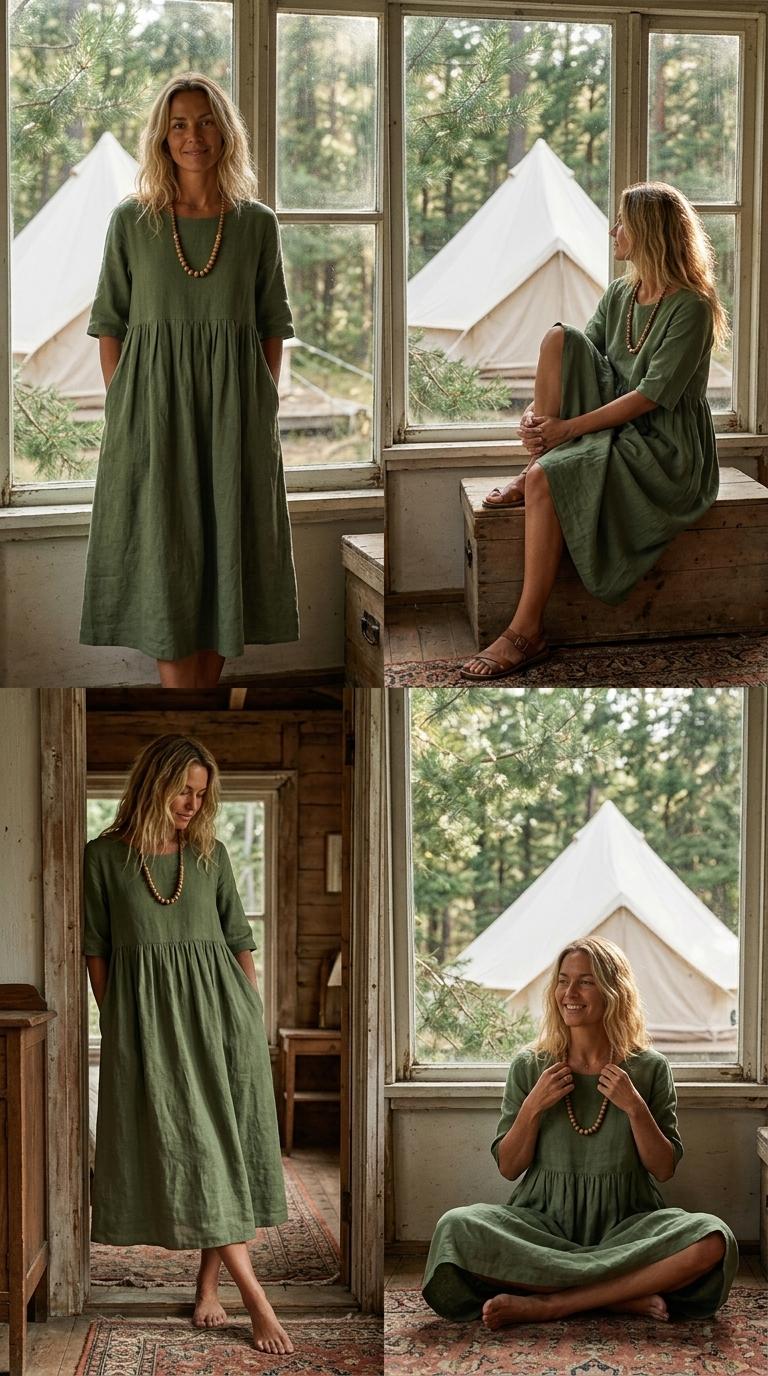 2026 Spring/Summer Round Neck 3/4 Sleeve Plus Size Casual Loose Long Solid Color Cotton Linen Dress