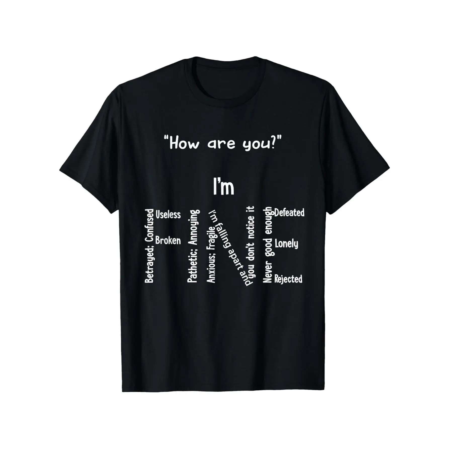 Mens Cotton Knit Shortsleeve T-Shirt - Funny "I'M Fine" Depression Mental Health Awareness Crew Neck, Comfortable Casual Summer Top, Smooth Fabric Menswear, Round Neck, Stretch, Alphabet Pattern, Casual Tee, Tshirt, 100% Cotton, Graphic, Alphabet Print, M