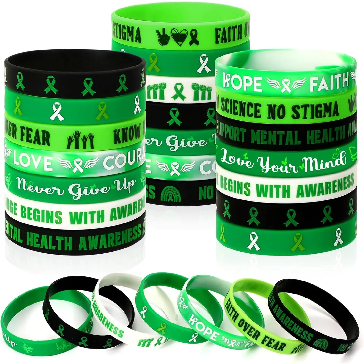 42 count Mental  Awareness  Bracelets Bulk | Inspirational Bracelets, Green Ribbon Style, for Mental  Awareness, Faith Courage Hope, Party Favor  , 7 Style