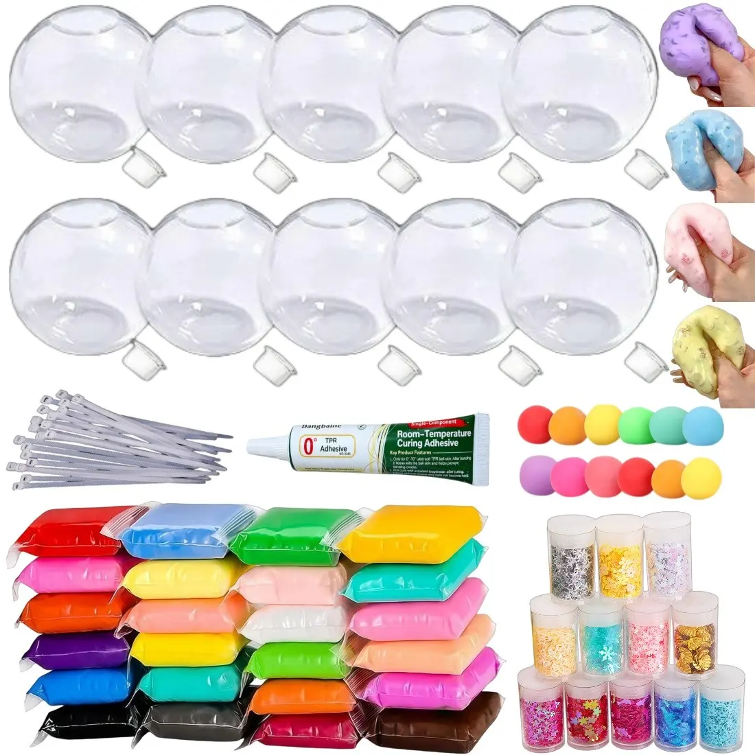 DIY Stress Ball Kit, includes 24 colors of clay, 12 colors of glitter powder, 10 spherical transparent blank skins. This kit allows you to knead stress relief balls. It is suitable for making stress relief soft balls Stress Ball Squishies