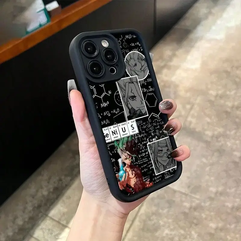 TYDr.ST0NE Ishigami Senku Collage Phone Case,Science Theme Manga Sticker Style Print, Black Base Color Protective Cover For iPhone 11 12 MINI 13 MINI 14 15 16 17 Air Pro Max for Samsung S26 S25 S24 S23 S22 S21 Case,Gift for her/him