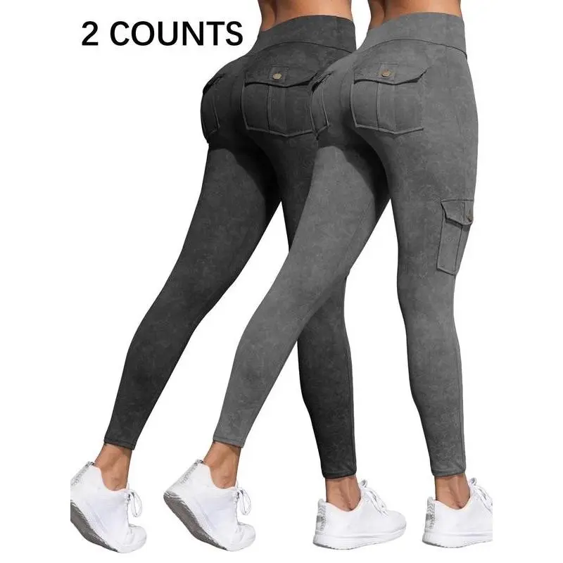 Women'sDenim-effectPrintLeggings,CasualComfyHighStretchSkinnyPantsforDailyWear,LadiesBottomsforAllSeasons,LeggingsPockets