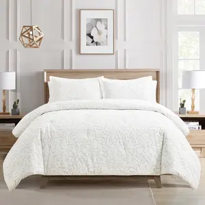 Jacquard Comforter Set,  Jacquard  and Brushed Solid Microfiber Reverse, with Light Weight Soft Poly Fill, 3 count White,