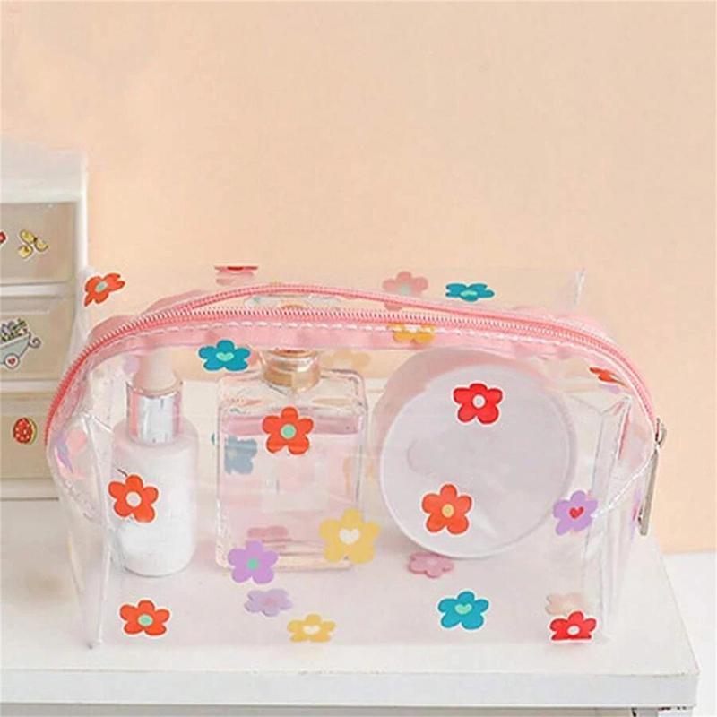 3pcs Transparent Flower Makeup Bag, Summer Floral Pattern Clear Cosmetic Bag with Zip, Portable Makeup Organizer Pouch, Multifunctional Waterproof Toiletry Bag