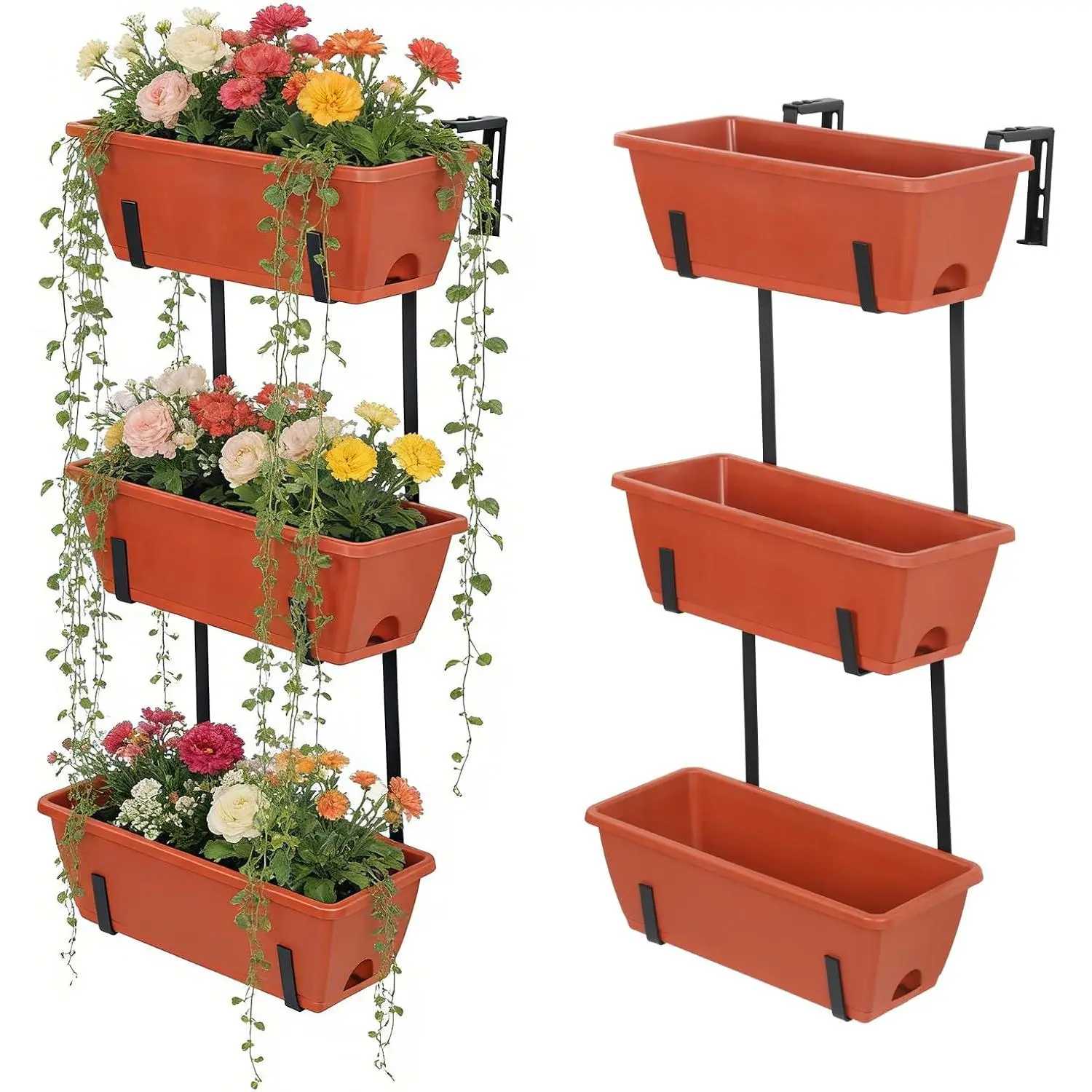 Flower Pots for Railing Fence Outdoor Window Boxes Planter with Adjustable Hooks, Set of 2 Deck Rail Planters with 6 Detachable Plastic Planter Boxes, Drainage Holes, Brick Red