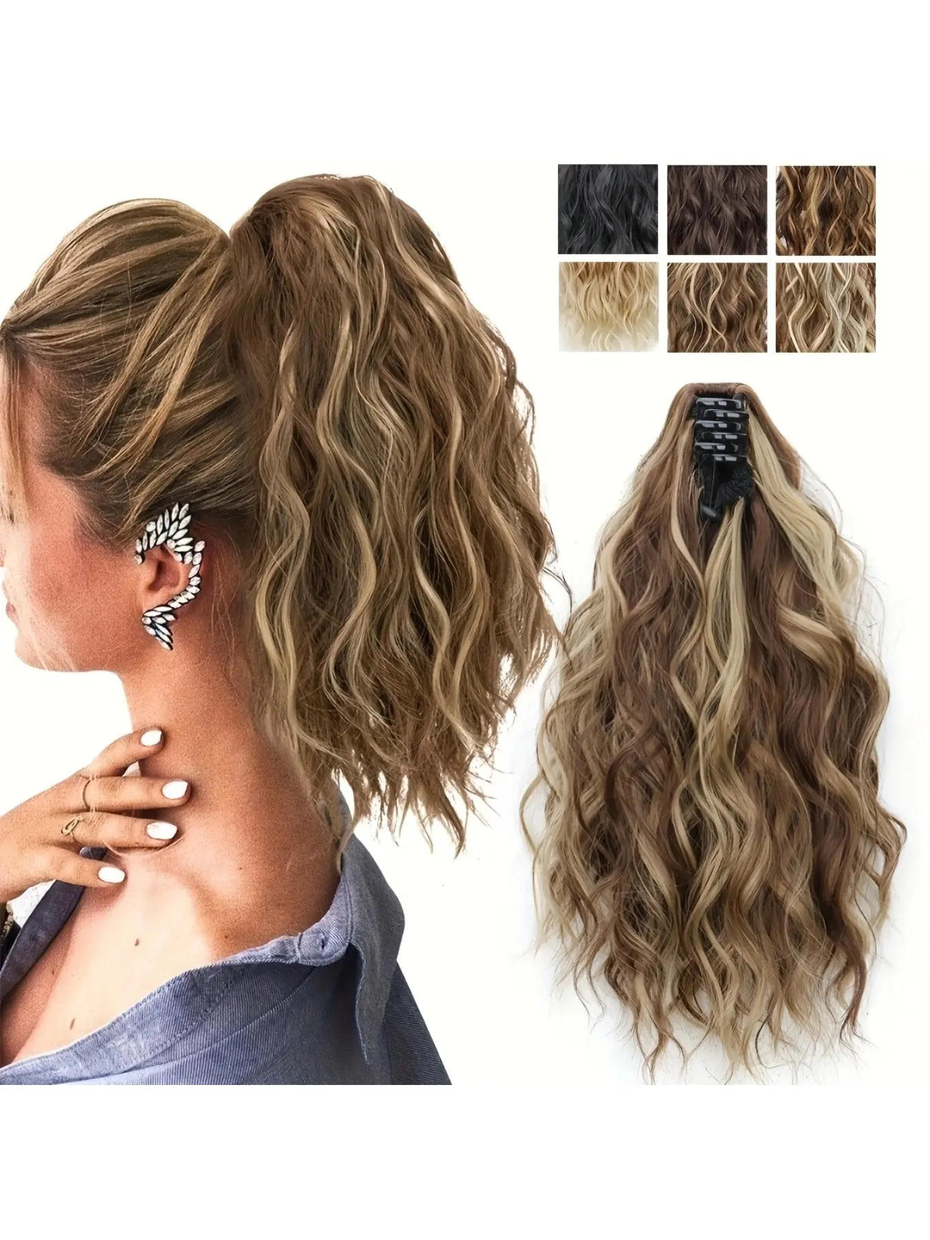 Women's Heat-Resistant Synthetic Fiber Ponytail Hair Extension, Synthetic Extensions, Wave Curl Design, Small Clip Included, High Position Short Curly Ponytail Style