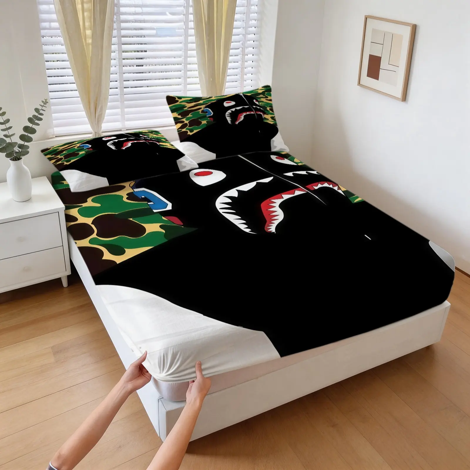 3-Piece Camouflage Shark Head Pattern Bed Sheet, Including 1 Bed Sheet And 2 Pillowcases, Soft And Comfortable Bedding, Anti Slip And Dust Cover, Suitable For Bedrooms And Guest Rooms
