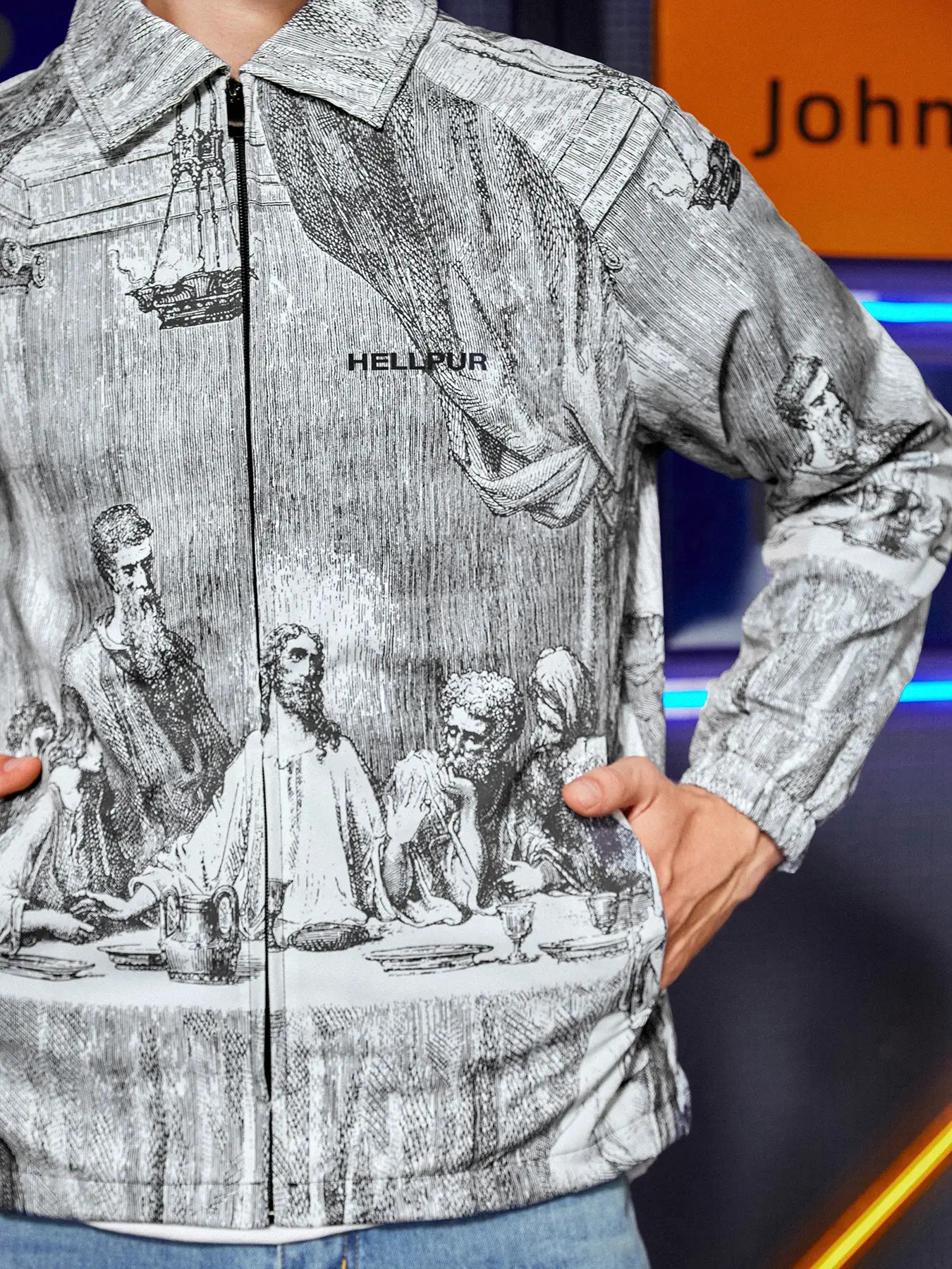 Men's Regular Fit Figure & Letter Print Pocket Zip Up Jacket, Casual Long Sleeve Collar Outerwear for Spring & Fall, Jackets for Men, Winter Clothing Men, Fashion Men's Clothes for Daily Wear Tops, Coat