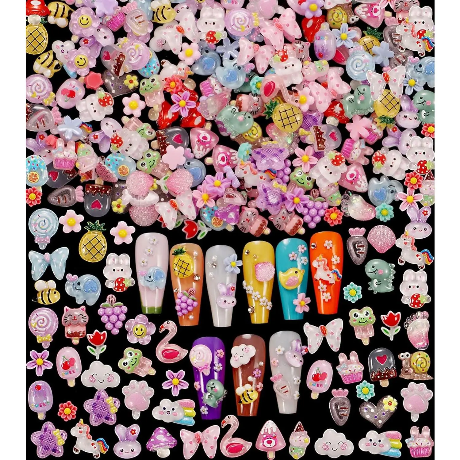 1 Pack of 250pcs Cute & Sweet 3D Nail Charms for Acrylic Nails, Perfect for Nail Art Decorations & DIY Accessories Crafts,Flower Bee Pineapple Bear Charms for Nail (#1-Multi-Color) springtok