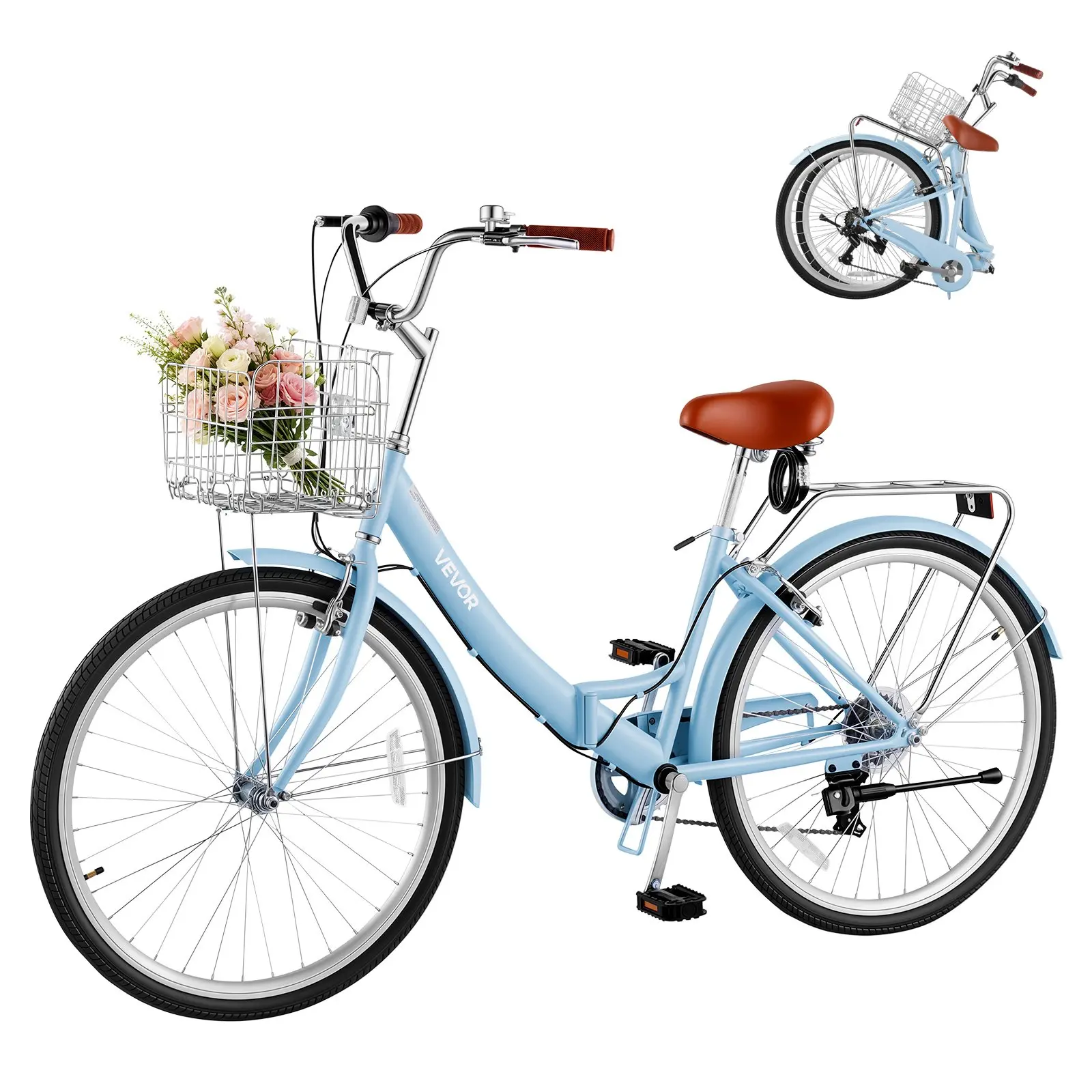 VEVOR Women Bike, 26 in Folding Beach Cruiser Bike, 7-Speed Adult City Bicycle with Steel Frame, 330 lbs Capacity, Basket, Rear Rack Dual V-Brakes, Light Blue