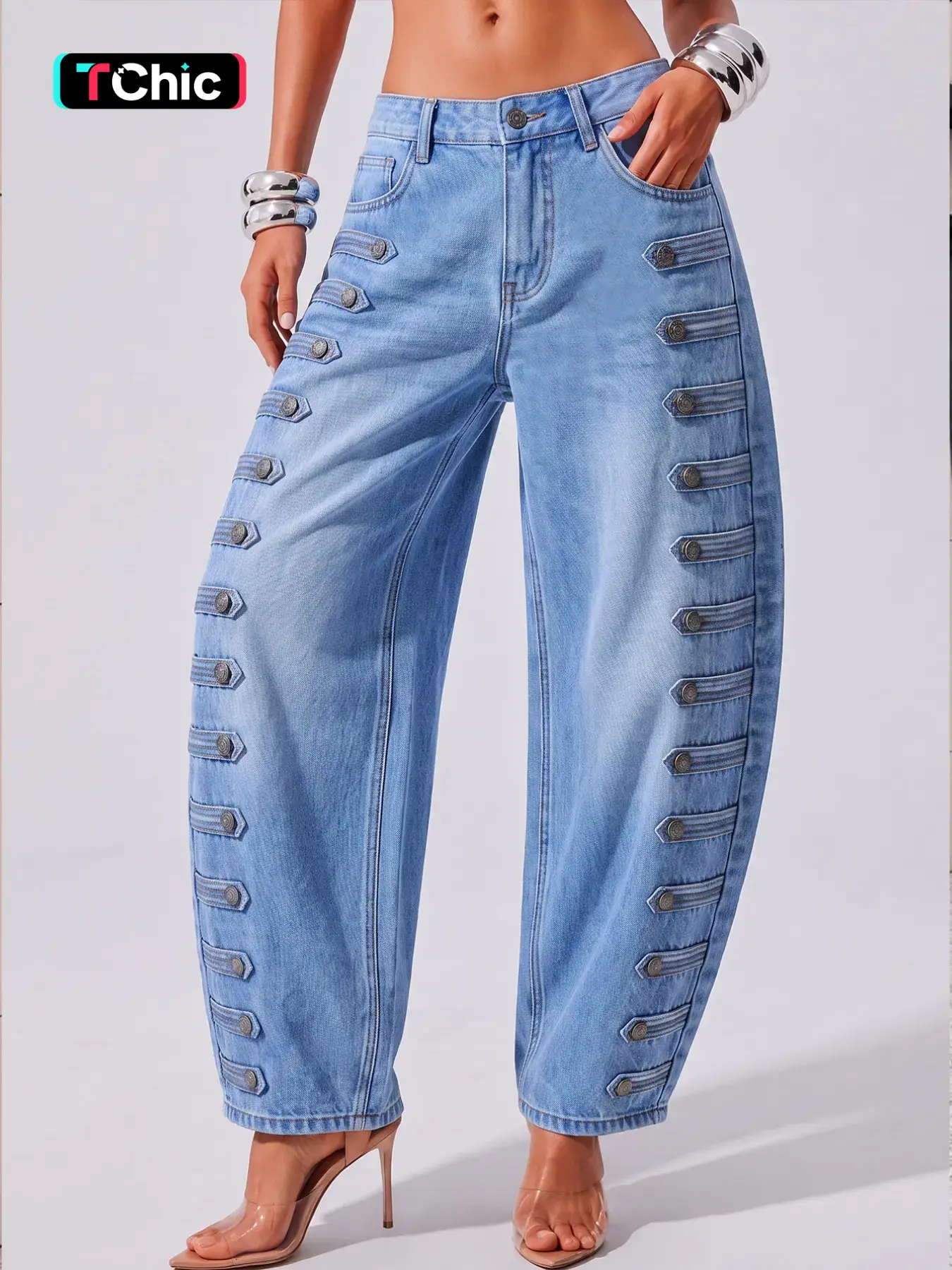 Women's Elegant Party Denim Jeans, Spring Autumn Versatile Fashion, Court Style Side Decoration Buckle, Casual Daily Wear