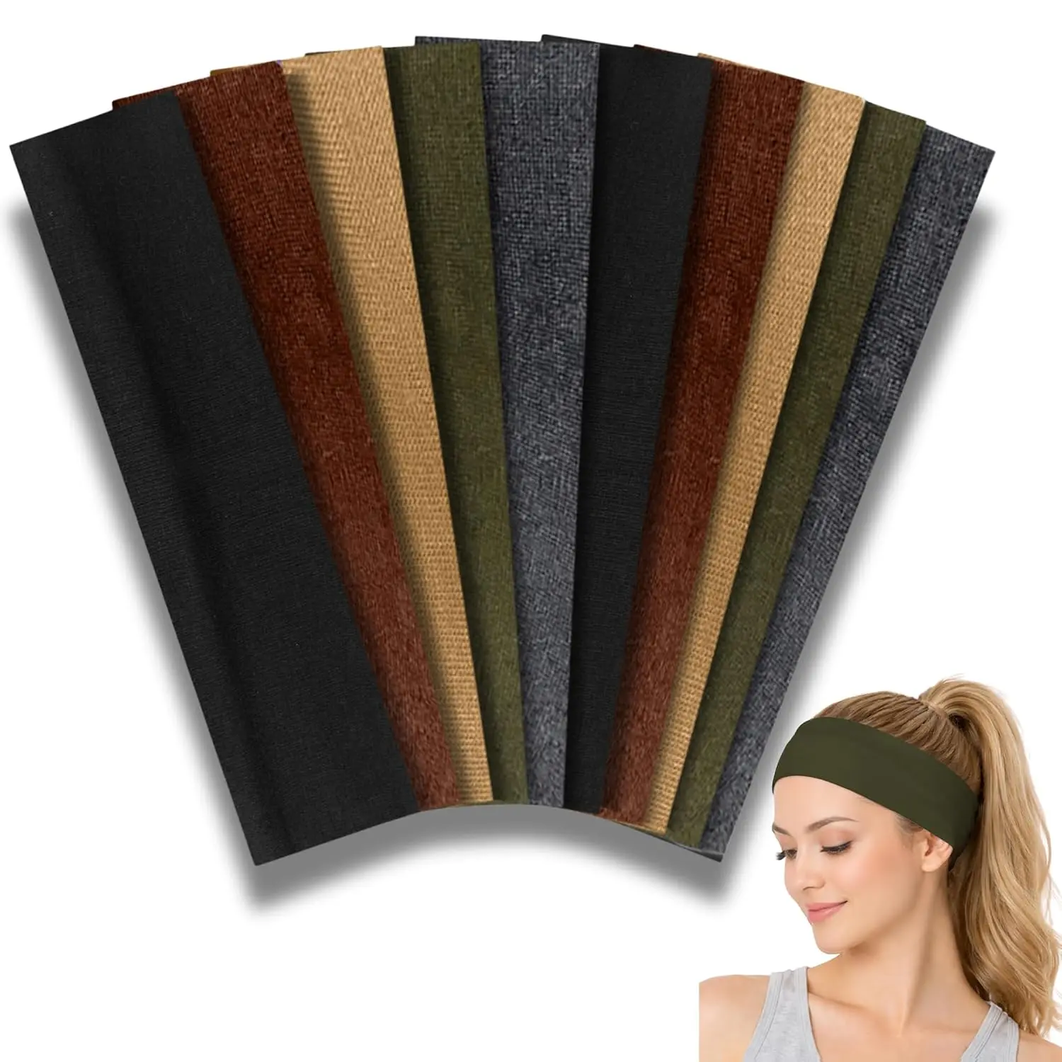 Headbands for Women, 10 Pack, Earth  | Stretch Fashion, Non-Slip  Wraps, , , Yoga, Pilates, Running, Gym, Workouts