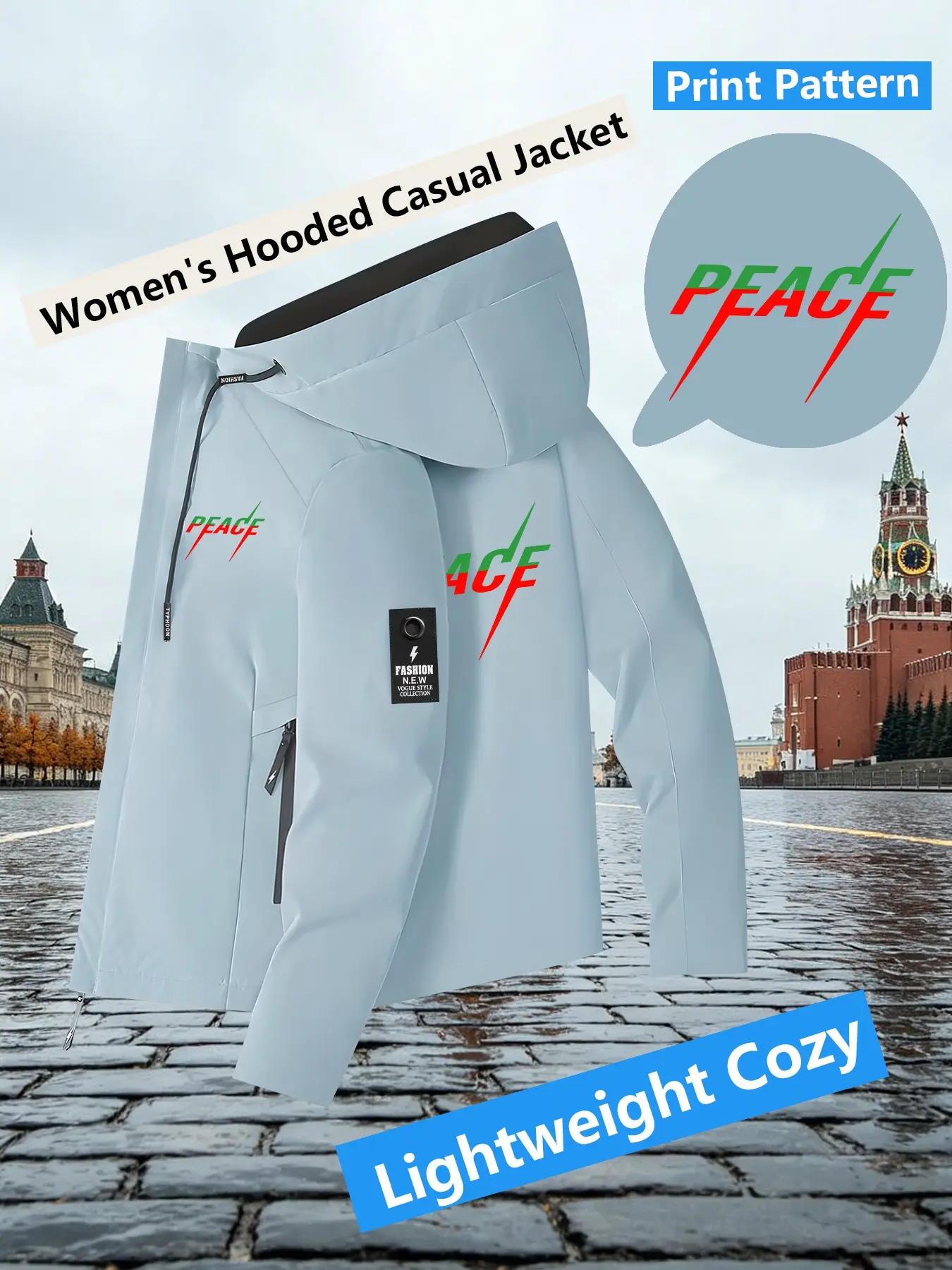 Women's Hooded Windbreaker Jacket Double sided PEACE Lightning Print Jacket Two Color Options Hooded Loose All Season Warm Jacket Ideal for Daily Commute Hiking Climbing Wear Skin Friendly Breathable Machine Washable Plussize