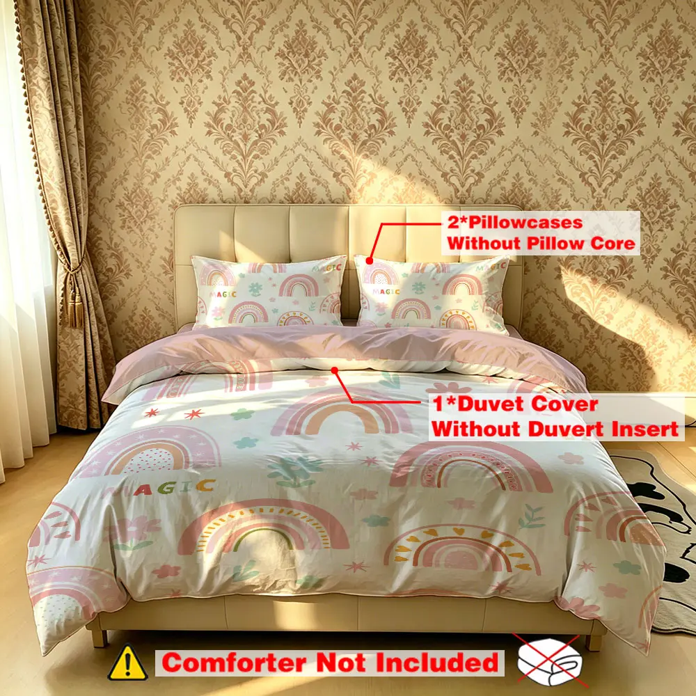 The 3-piece rainbow flower "MAGIC" bedding set includes one bedspread and two pillowcases, without fillings. It's soft and comfortable, suitable for single beds and double beds, and ideal for use in bedrooms, dormitories, and hotels.