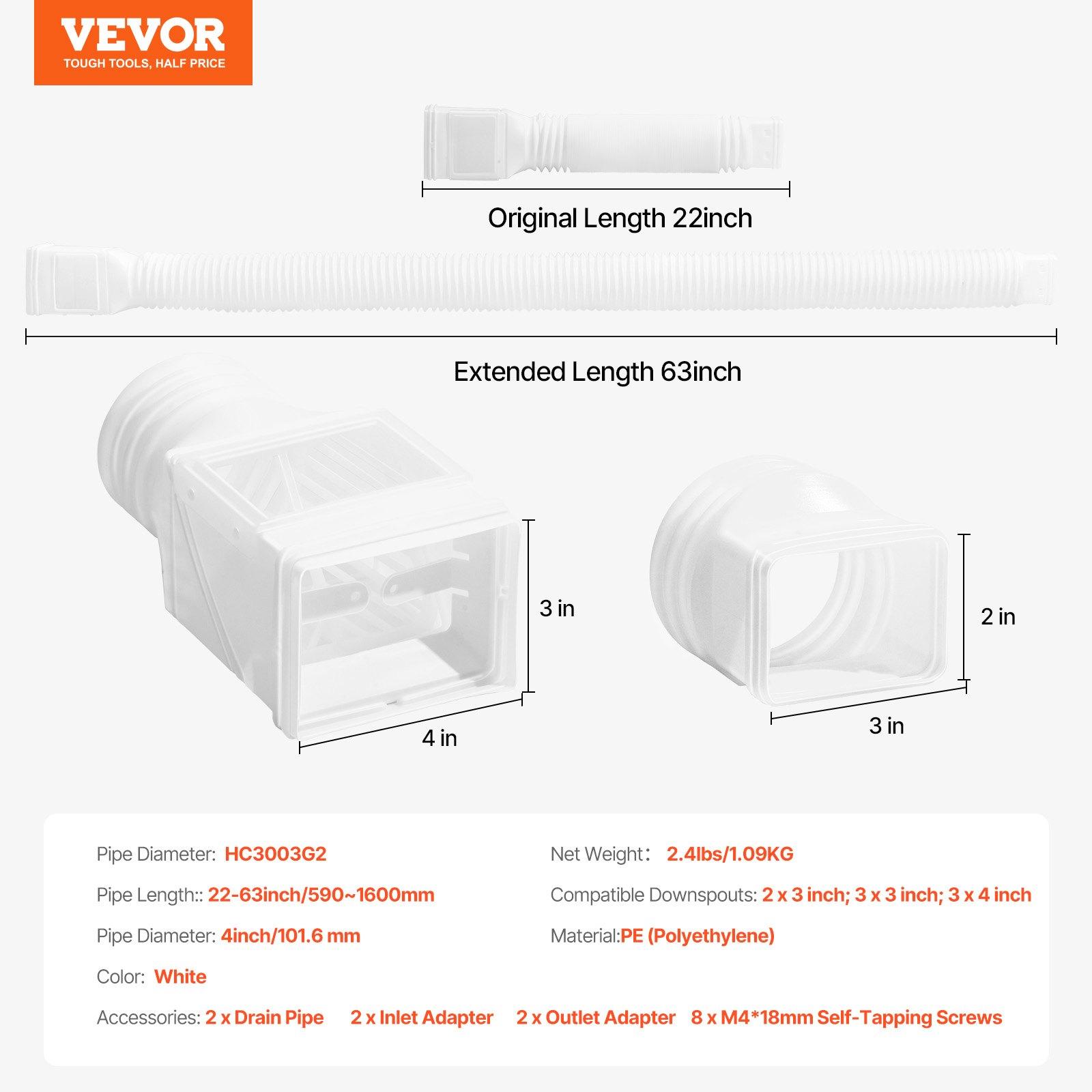 VEVOR Rain Gutter Downspout Extensions, 2-Pack Flexible Downspout Extender, Down Spout Drain Extension Extendable from 22" to 63", Gutter Extensions with Adapters, for Rainwater Drainage, White