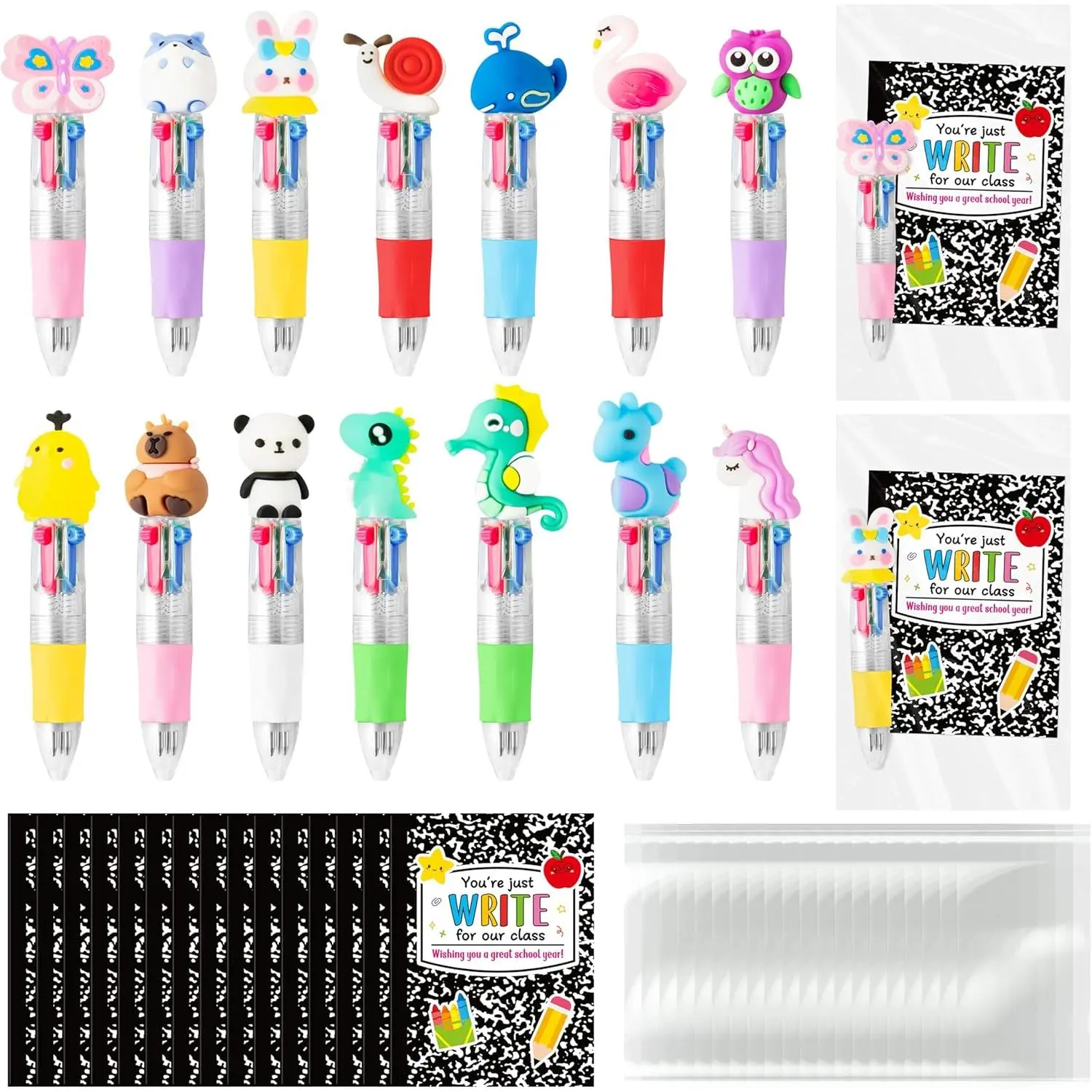 Back to School Gifts for Students - 28 Sets of First Day of School Gifts Including Animal 4-in-1 Multicolor Ballpoint Pens with Greeting Cards for Classmates, Teachers, Classroom Rewards, and Party Supplies