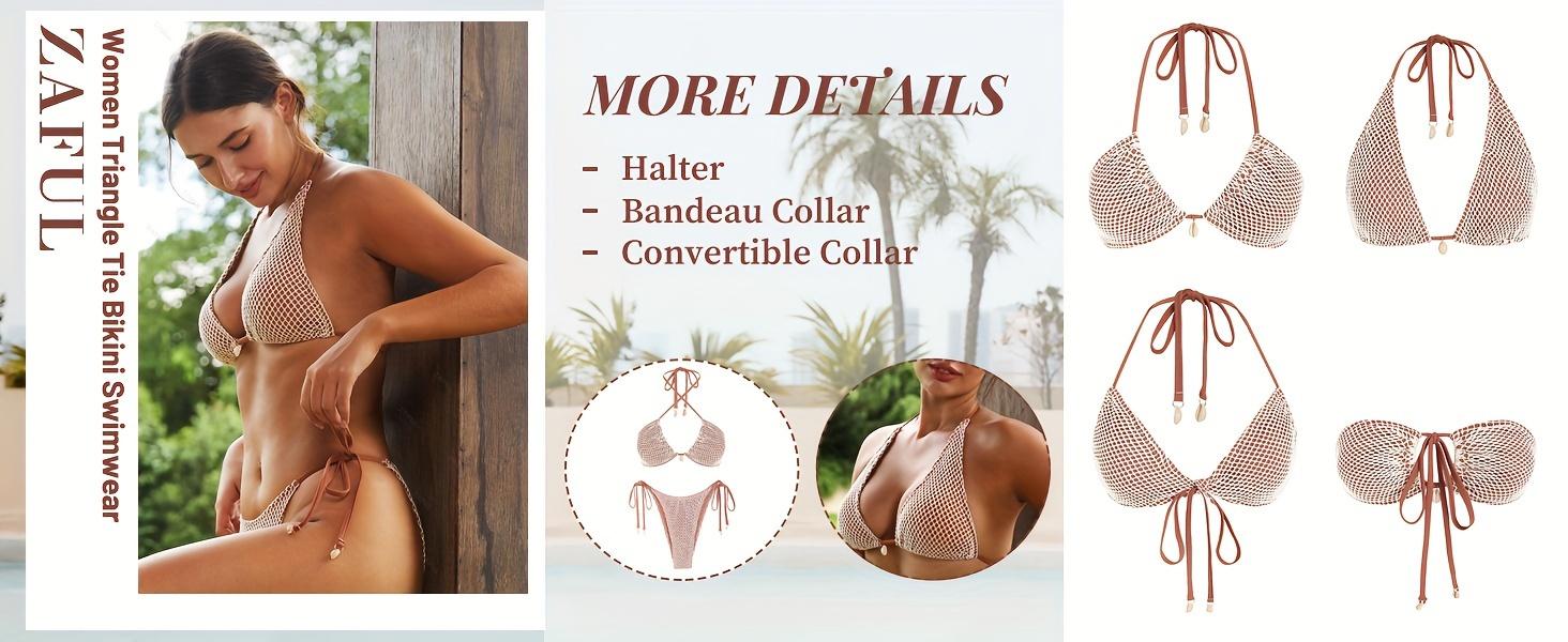 Women'S Bikini Set Fishnet Triangle Tie Convertible Collar Halter Bandeau Shell Two Piece Bathing Suit