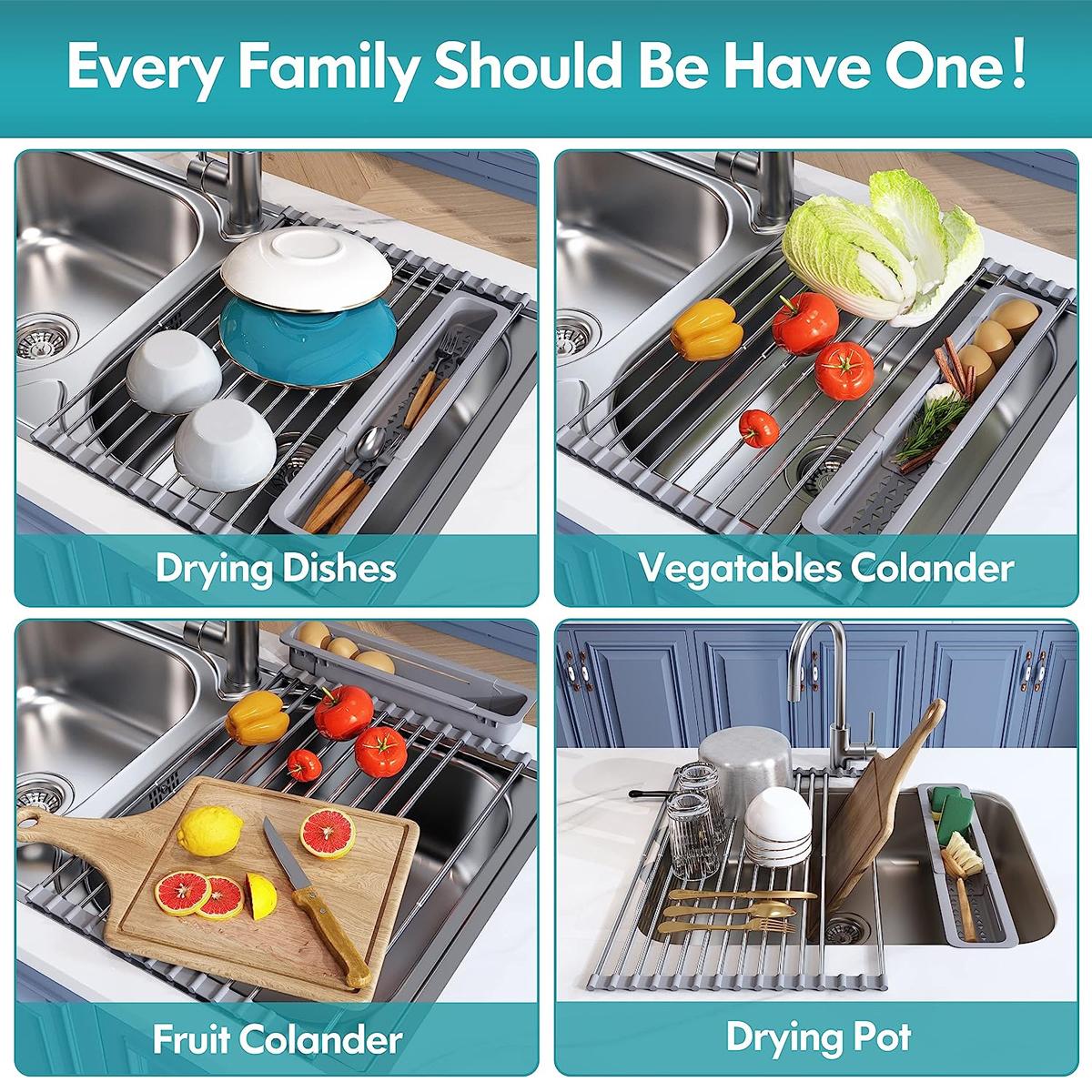 Stainless Steel Foldable Dish Drying Rack, 1 Count Roll Up Dish Drying Rack, Over The Sink Dish Drainer, Kitchen Counter Storage Rack