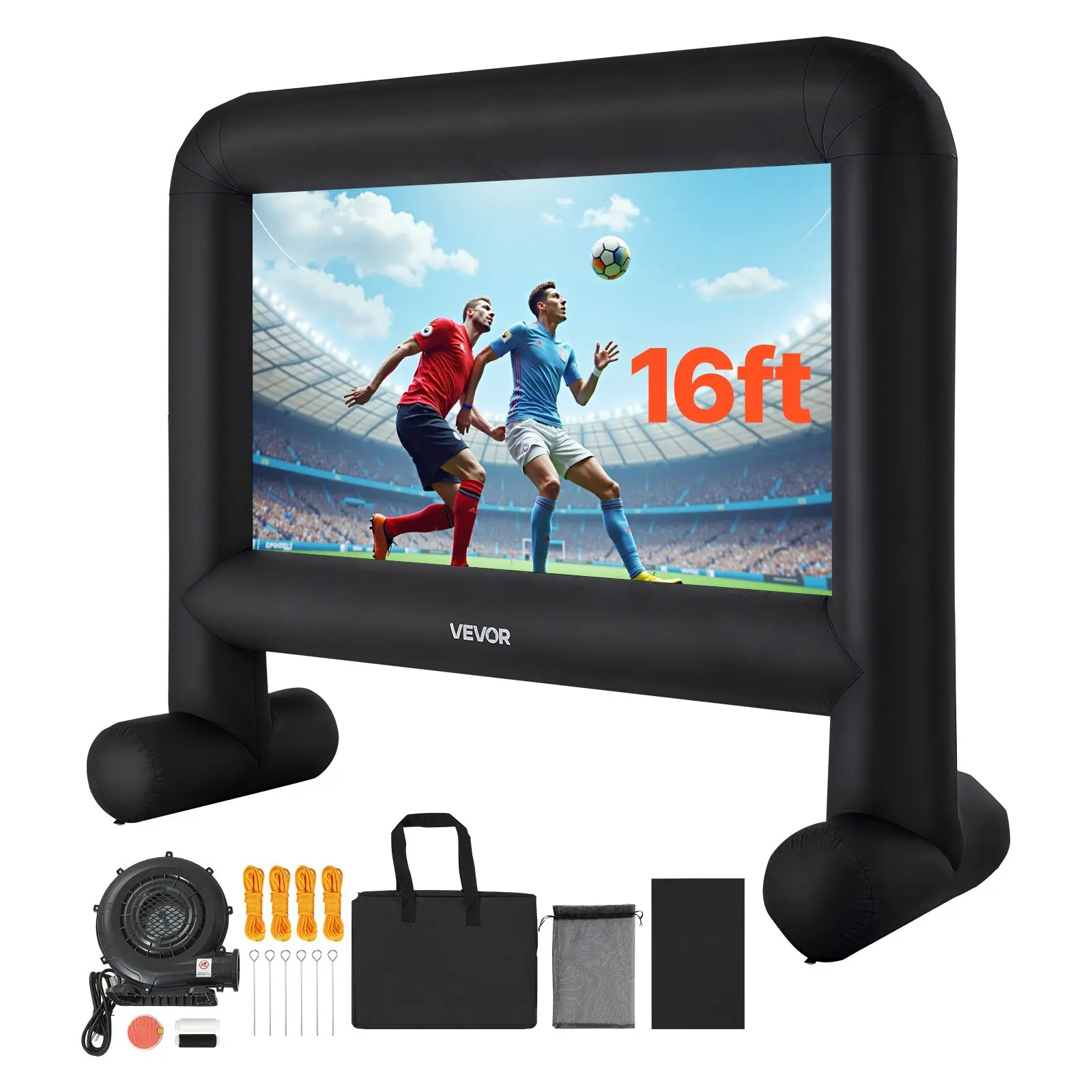 VEVOR 16FT Foldable Inflatable HD Projection Screen, 16:9 Front Screen with 250W Low-Noise Blower, Magic Tape, 113.39x61.02 Inches, 14.33 lbs, Portable Storage Bag, Easy Setup for Backyard, Poolside, Indoor-Outdoor Home Use