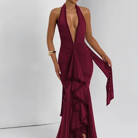 Women's Solid Color Backless Halter Cocktail Maxi Dress, Elegant Fashion Casual Deep V Neck Sleeveless Bodycon Dress for Party Club Dating Wear, Ladies Dress for Summer Gowns