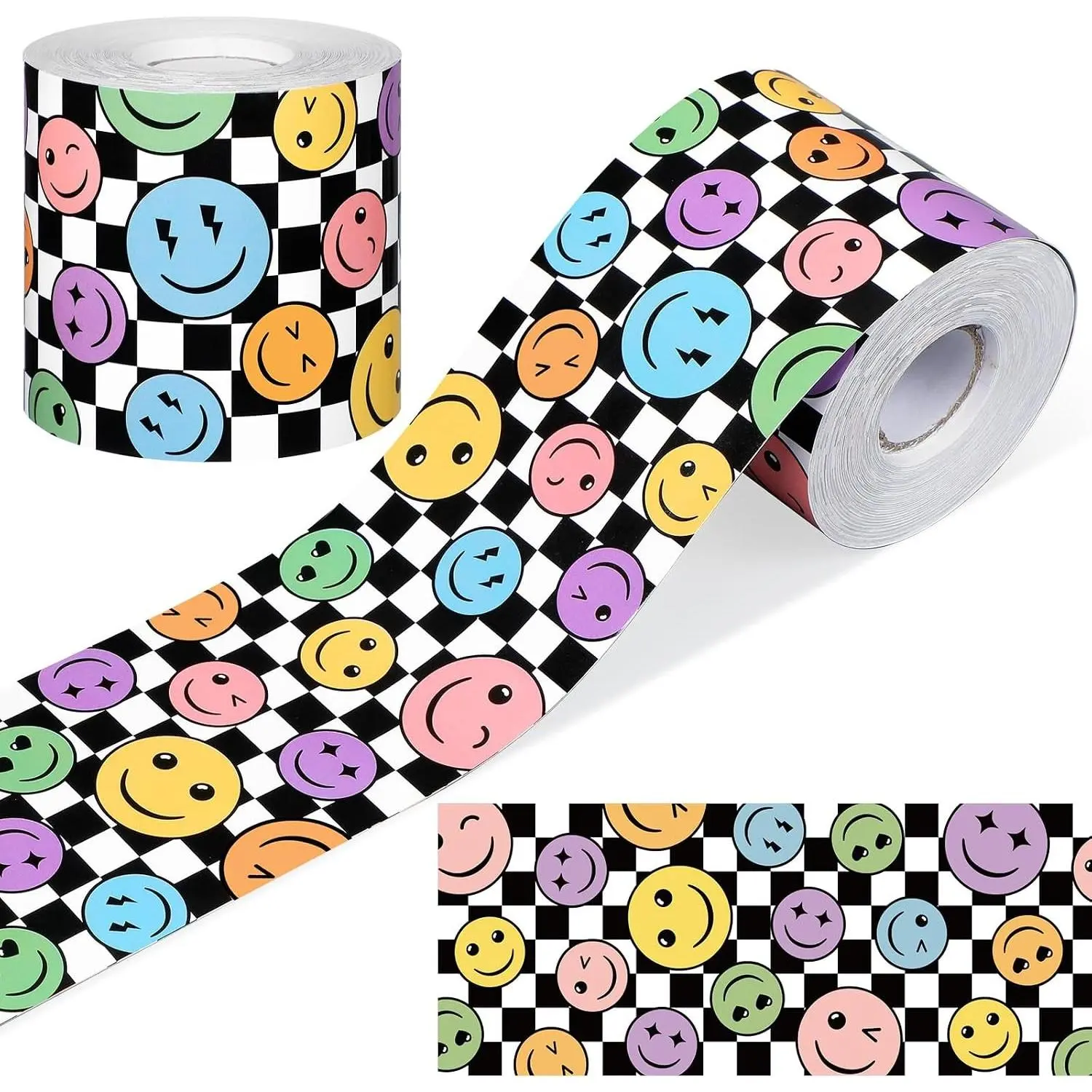 65 Feet Smile Face Bulletin Board Borders Decorations for Classroom Straight Die Cut Border Trim Rolled Black and White Checkered Chalkboard Trim for Back to School Blackboard Desk Decor