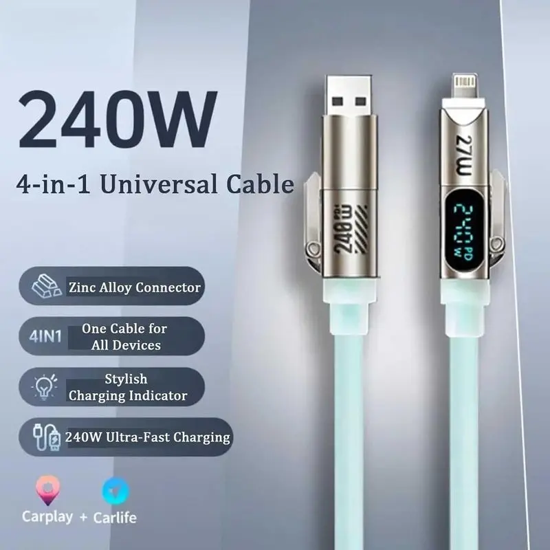 240W 4-in-1 Fast Charging Cable 1.87M/6.14FT with E-Marker Chip & Digital Display, USB-C PD Charger Cable, Durable Braided Multi-Device Charging Cord for iPhone, Android, Tablet & Laptop, 1/2 Pack