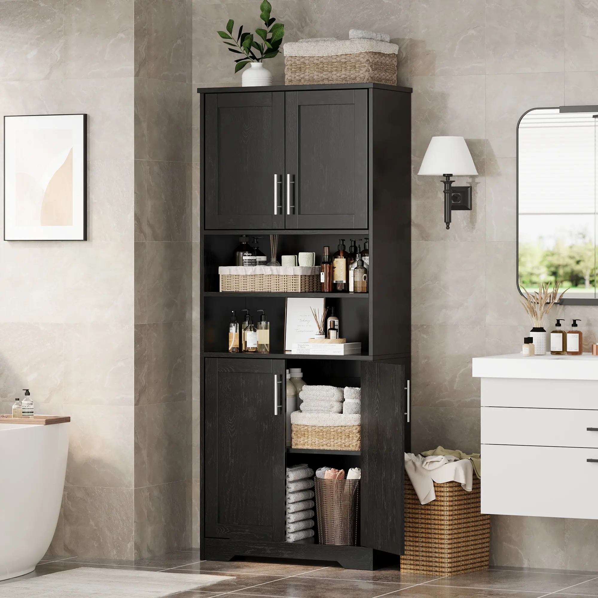 Tall Rectangle Freestanding Cabinet, 67 in Versatile Bathroom Storage Cupboard with Glass & Barn Doors, Adjustable Shelves, Multi-Room Organizer for Bathroom, Kitchen, Pantry, Antique White or Grey