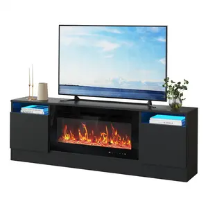 【 No Fireplace ！！！】 Tv Stand Up to 75" TVs, LED Light Entertainment Center and Storage, 70" Modern Wood Media TV Console with Storage Cabinet for Living Room