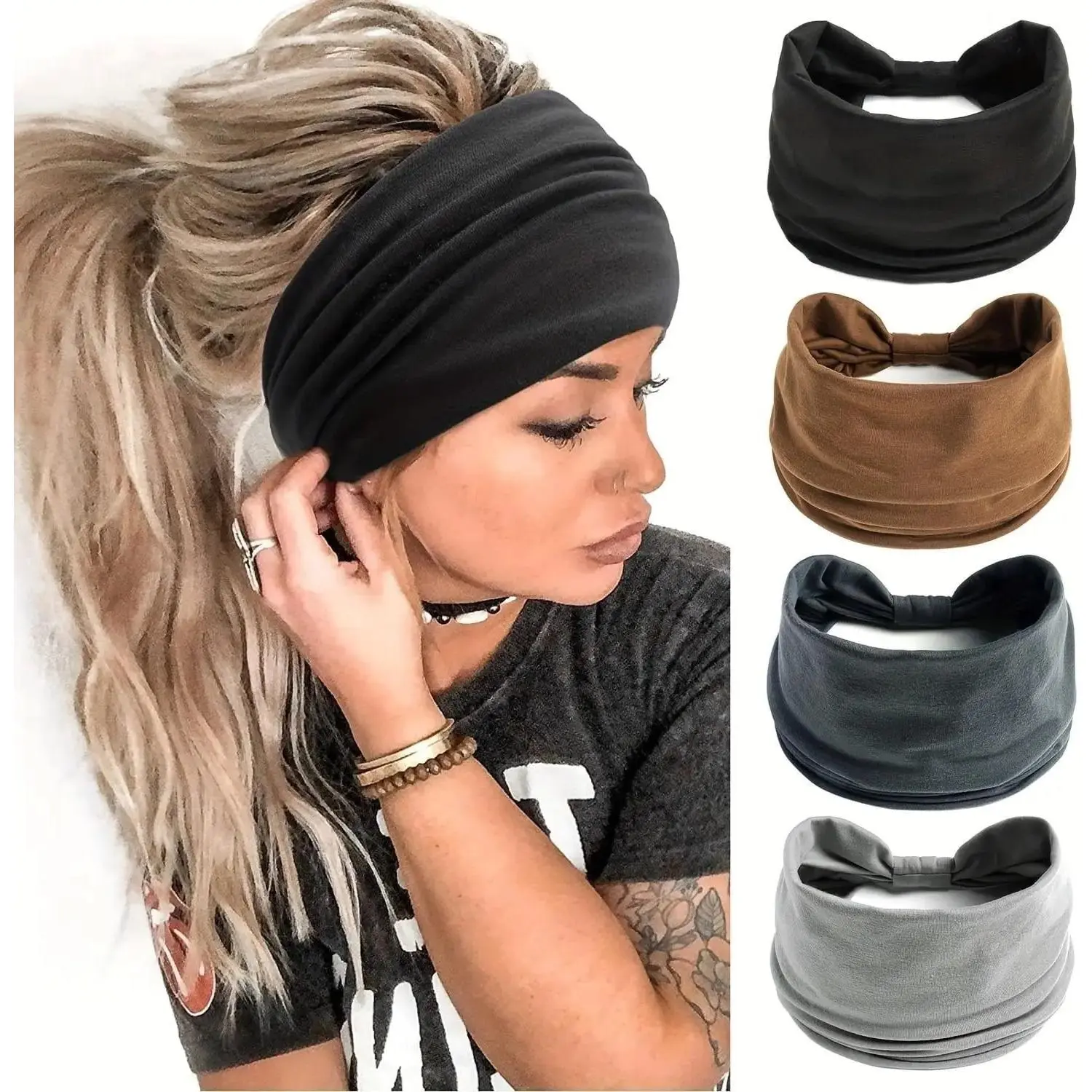 Wide Ruched Knotted Headbands for Women, Soft Stretch Solid Color Hair Wraps, Non Slip Elastic Hair Bands, Fashion Hair Accessories for Sports Workout Yoga Daily Casual Hairstyle