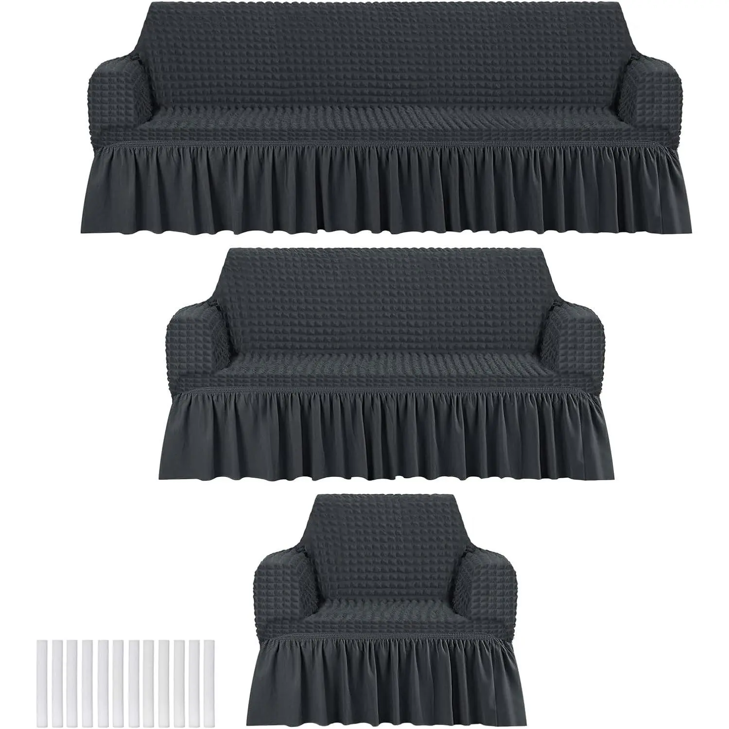 3 Pcs Sofa Slipcover Set for Couch Cushion Washable High Elastic Stretchable Furniture Couch Covers with Skirt for Sofa Loveseat Arm Chair(Dark Gray,Seersucker)