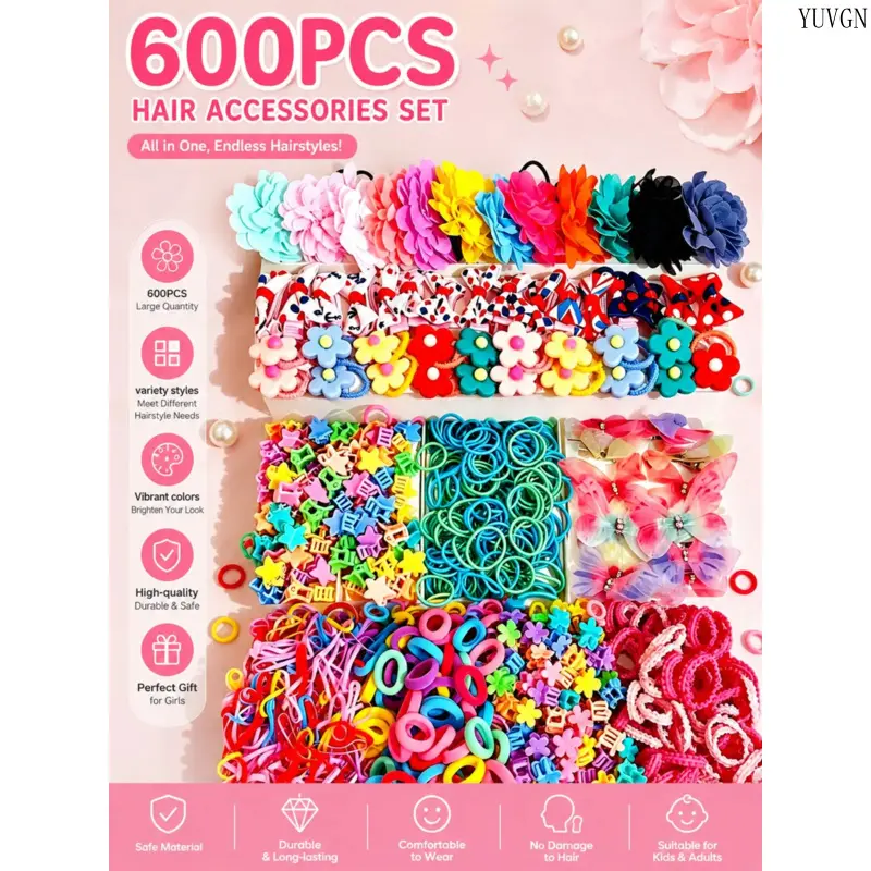 600pcs Colorful Hair Accessory Set, 3D Butterfly & Floral Clips, Mini Claw Barrettes, Elastic Hair Ties and Decorative Hair Bands, Multipurpose Styling Accessories for Daily Outfits and Holiday Occasions