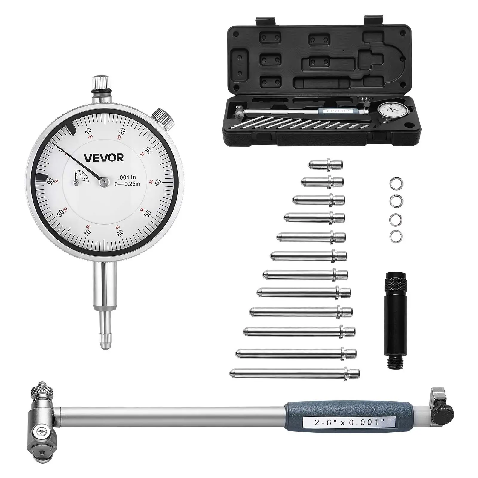 VEVOR Dial Test Indicator and Bore Gauge Measuring Tool Set, Dial Indicator 0.001 inch Accuracy, 2-6 inch Bore Range with Rod, Storage Case, Anvils for Industrial Machining Measurements, Tools, Bore Measure