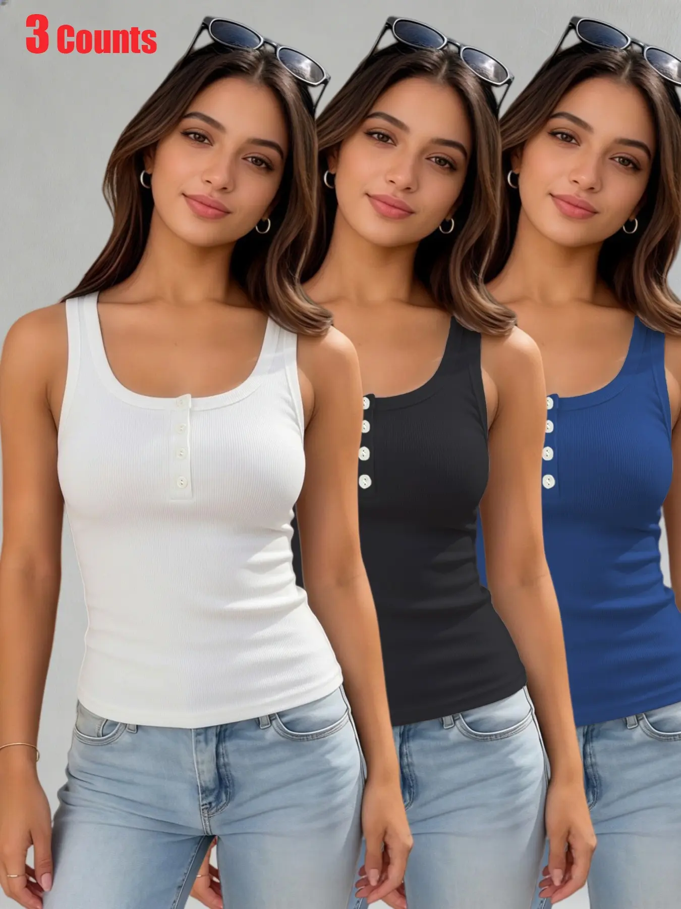 3 Pack Women's Ribbed Henley Tank Tops, U Neck Button Front Sleeveless Shirts, Slim Fit Stretch Basic Camisoles for Casual, Office, Travel and Summer Everyday Wear