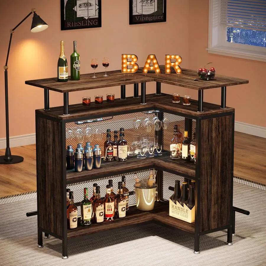 Home Bar Unit, L-Shaped Bar Table Corner Liquor Cabinet With Footrest Home//Pub
