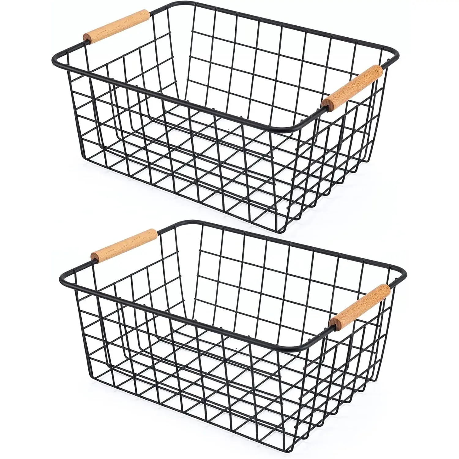 Black 2 count Wire Storage Baskets with Wooden Handles - Organizing Pantry and Kitchen Cabinets - Metal Wire  Storage Basket