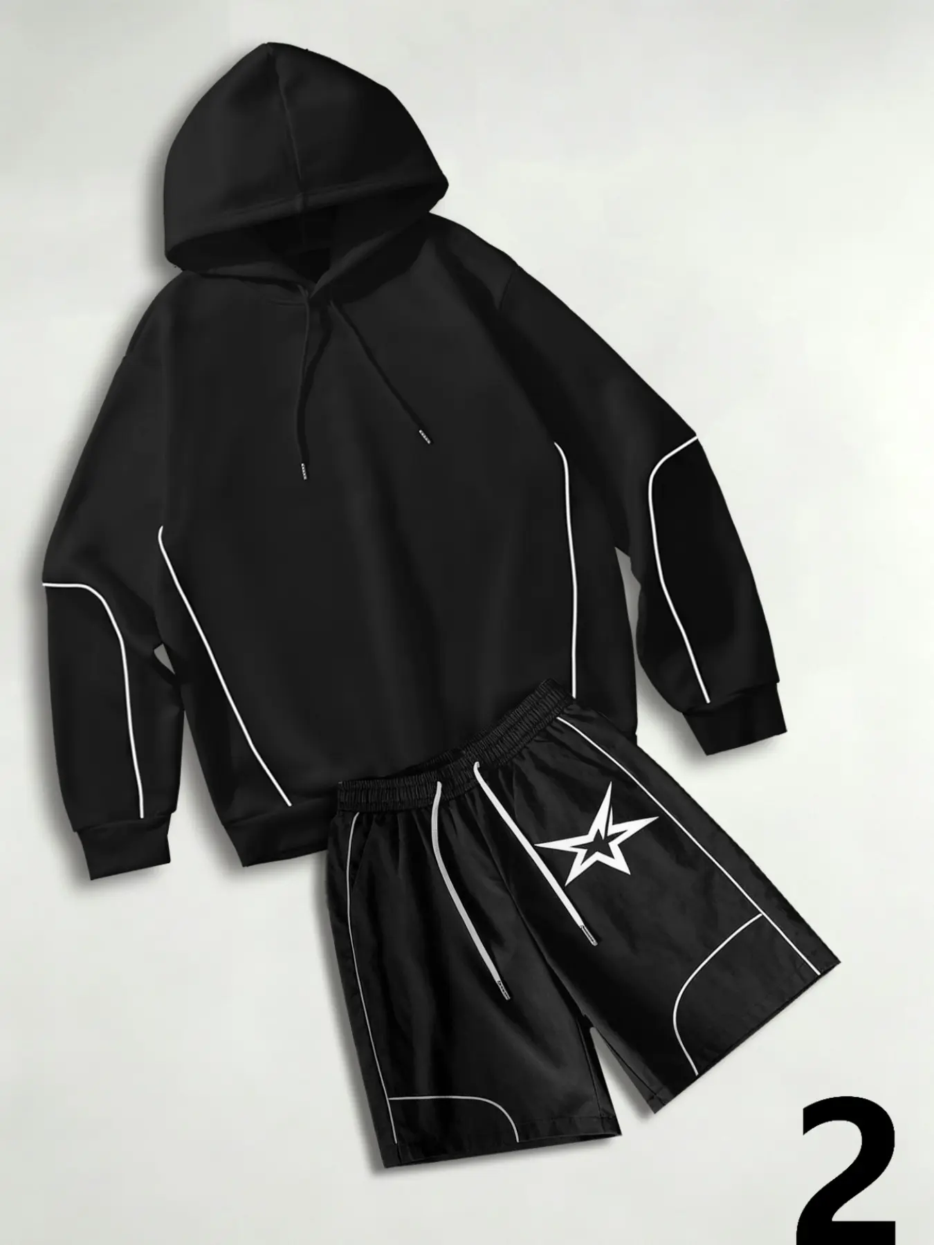Hoodie And Shorts Two Piece Outfit, Contrast Line Loose Streetwear Set, Men Daily Urban Casual Matching Tracksuit