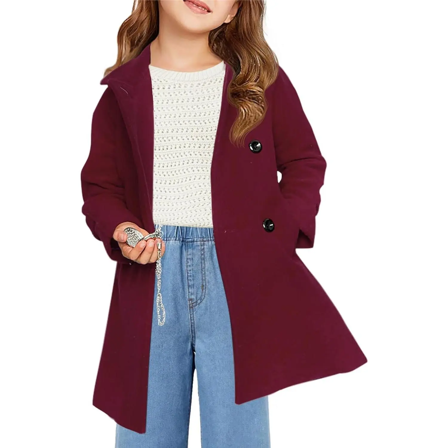 Girls Double Breasted Pea Coat Kids Long Sleeve Notched Lapel Winter Dress Coat With Pockets 5-14 Years