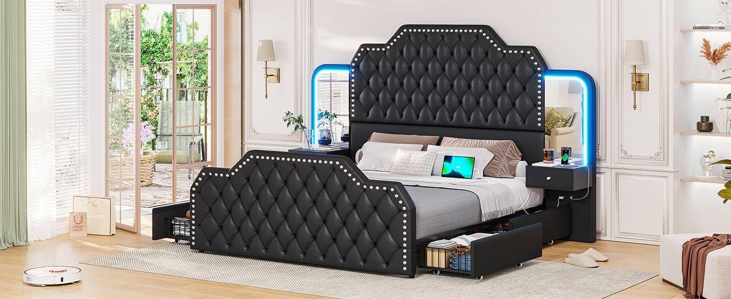 Sikaic PU Leather Upholstered Led Bed Frame with Storage Drawers Outlets & Nightstands Black Modern Wooden Headboard Diamond Tufted Headboard
