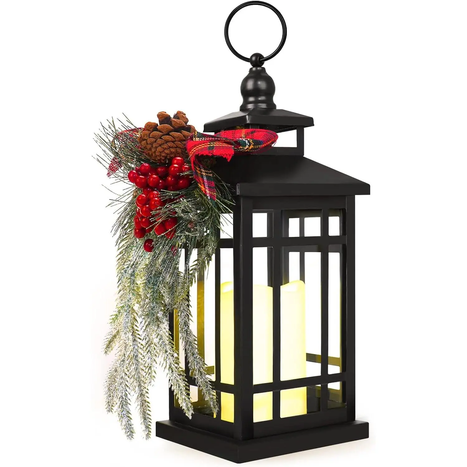 Metal Christmas  Candle Lanterns with Led Light,Red Ribbon Decorative  Lantern for Indoor Outdoor Decorations Party , Christmas Porch Decor,