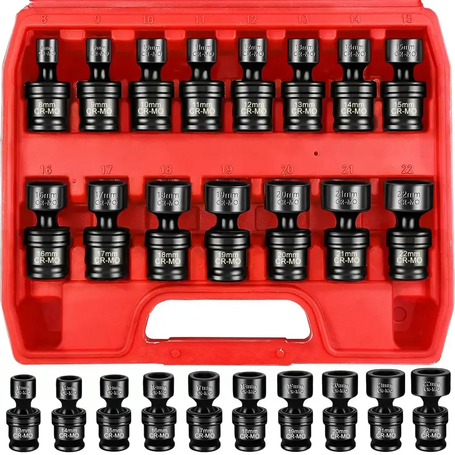 3/8" Drive Shallow Universal Impact Socket Set, 6-Point, Metric, 8-22mm, 15-Piece Swivel Socket Set, Metric Flexible Wobble Sockets, Steel