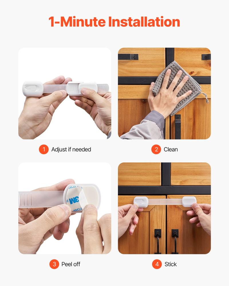 VEVOR Child Safety Strap Locks, 8 Packs Adjustable Baby Proofing Cabinet Locks, 3M Adhesive Cabinet Drawer Door Latches, No Drilling Required, for Fridge Dishwasher Toilet Seat Cupboard Oven Trash Can