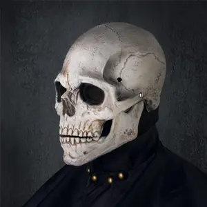Creepy Halloween Full Head Skull Mask with Movable Jaw, Adult Entire Head Realistic Latex Helmet, Scary Skeleton