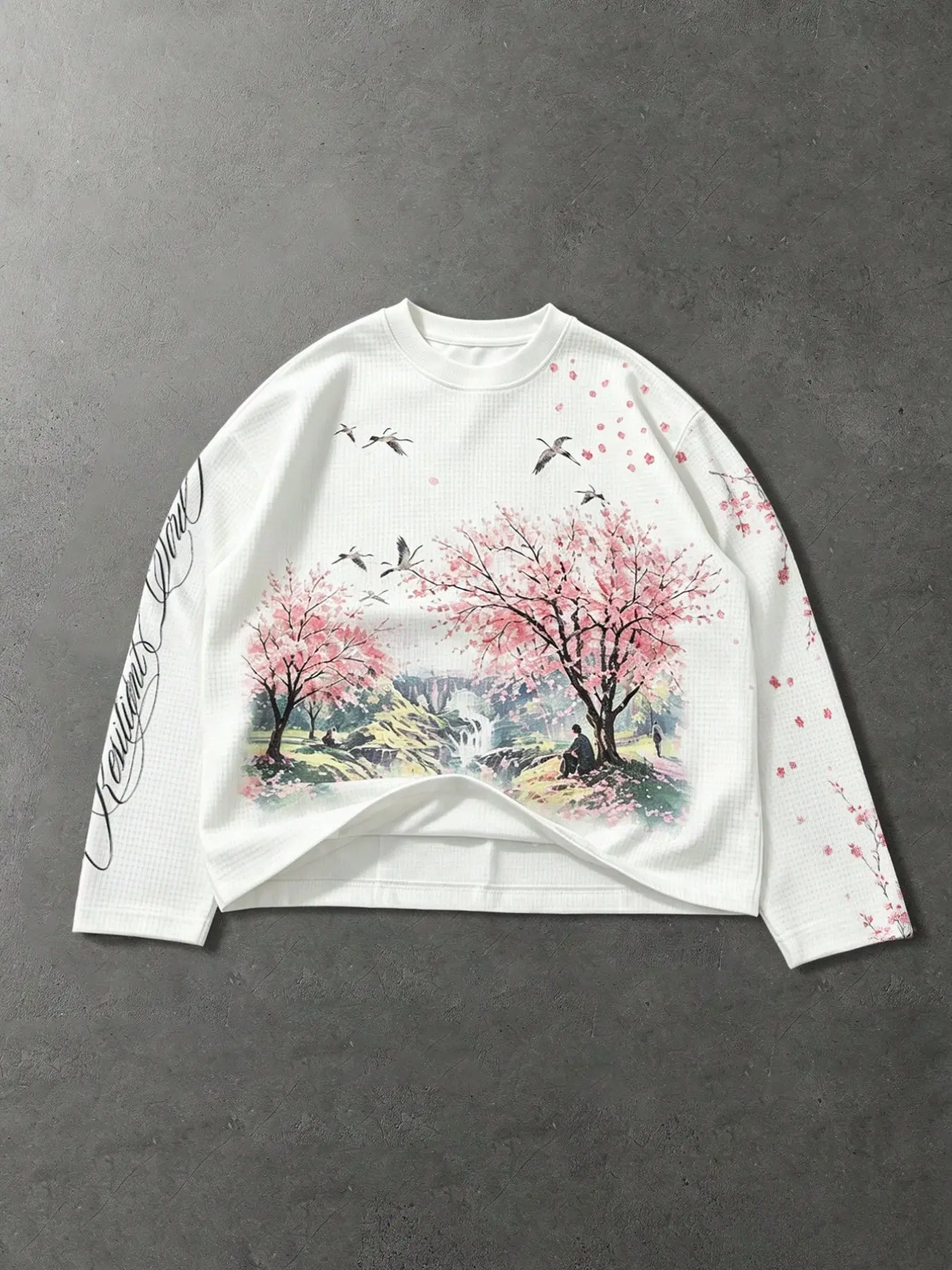 Waffle Knit Cropped Long Sleeve Top Cherry Blossom Landscape Crane Graphic Crew Neck Shirt Arm Script Letter Print Lightweight Breathable Casual Layering Tee Vintage Aesthetic Streetwear Outfit For Daily Outdoor Picnic