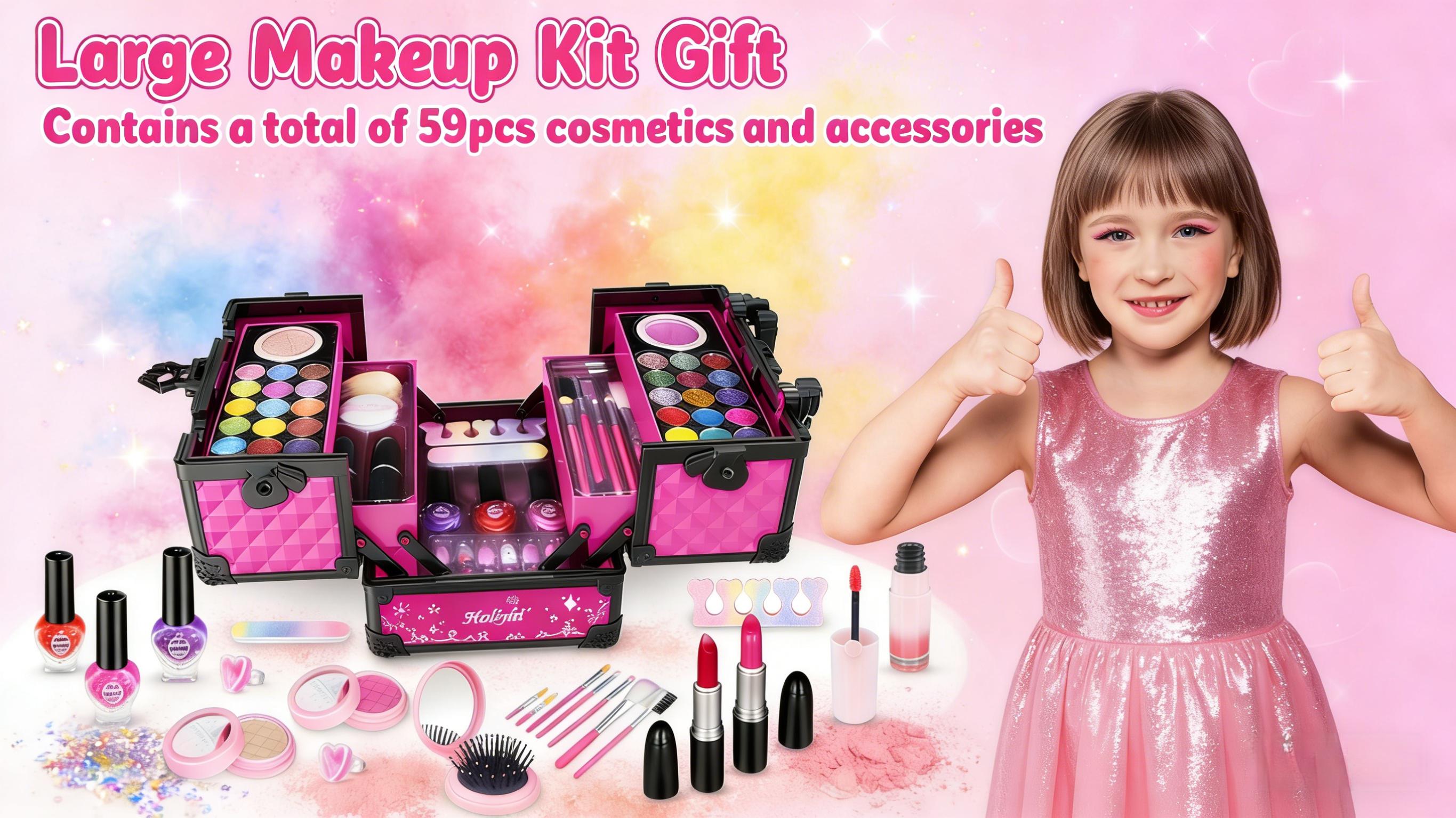 Washable Play Makeup Toys Set for Dress Up,59 Pcs Kids Makeup Kit for Girl Pretend Beauty Vanity Set with Cosmetic Case Birthday Toys for Girls 3 4 5 6 7 8 9 10 11 12 Years Old Kids Toddlers,A birthday present for a girl