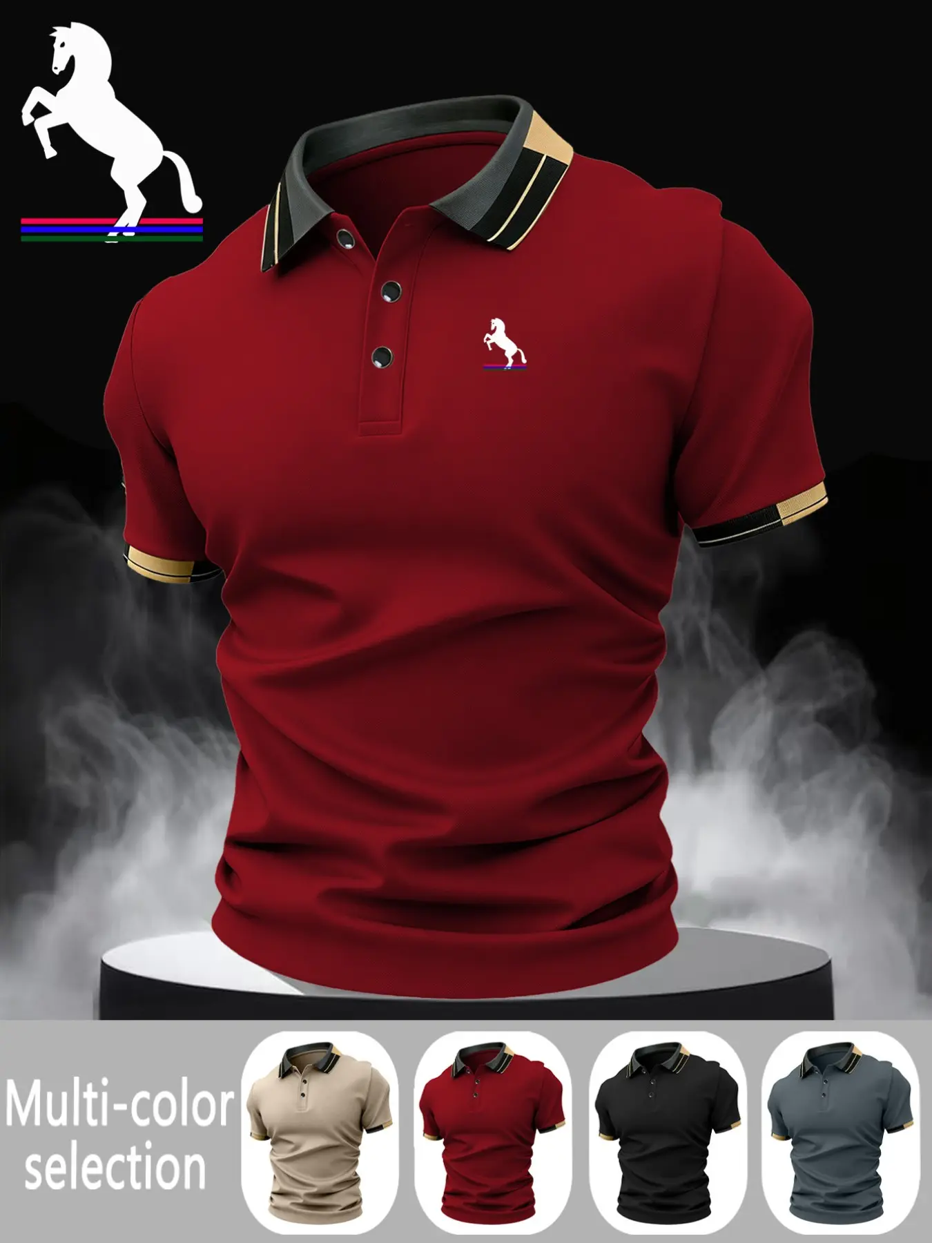 Men's Equestrian Logo Print Button Down Shirt, Stretchy Casual Breathable Four Seasons Comfortable Durable High-End Polo Top