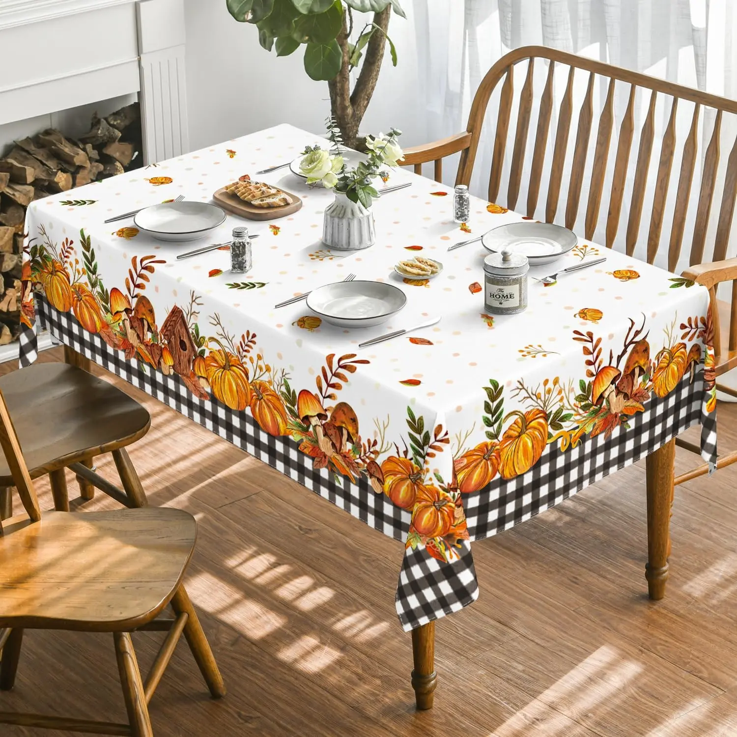 Autumn Tablecloth, Rectangular, Thanksgiving Harvest Pumpkin Mushroom Buffalo Checkered, Party, Picnic, Dinner Decor