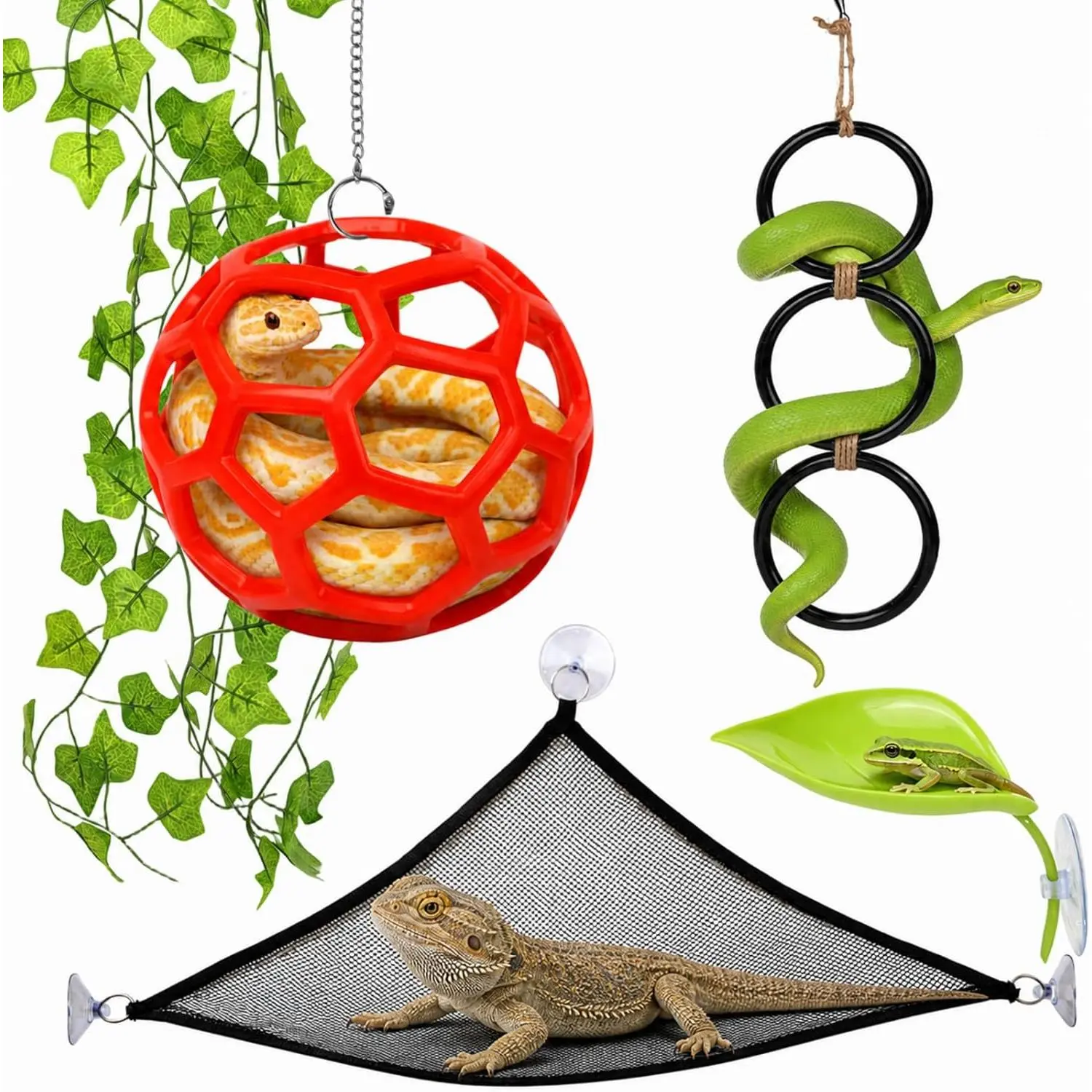 7-in-1 snake enclosure accessories,enrichment : Climbing Rings, Climbing Ball with Chain & Suction Cups, Mesh Hammock, Artificial Ivy & Large Leaf Habitat for Ball Python, Corn Snake and Reptiles