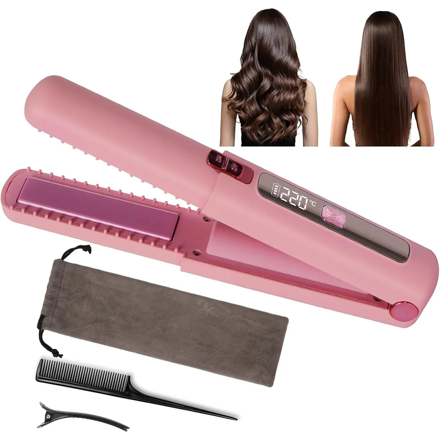 Portable 2 in 1 Travel Straightener and Curler, Cordless Hair Straightener 4500mAh, Rechargeable LCD Flat Iron, Mini Ceramic Curling Iron,USB Rechargeable Hot Tools, Pink