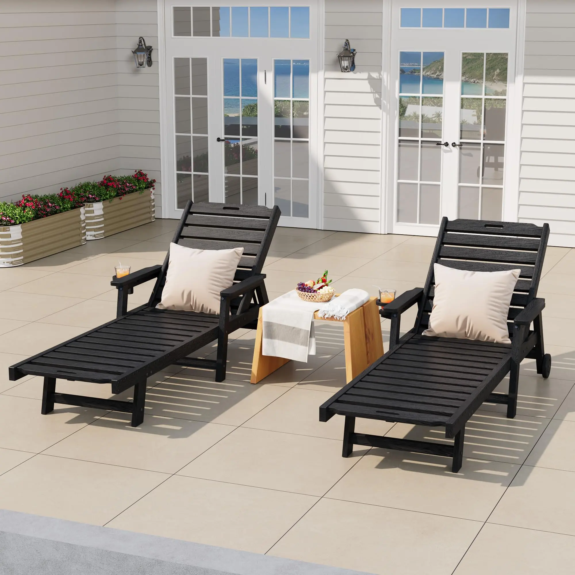 Summervibes Flash Sale Home Items HDPE Embossed Wood Grain Patio Chaise Lounge Chair, 5-Position Backrest, 500 LBS Capacity, Rolling Wheels, Detachable Cup Holders, Ventilated Slatted Seat, UV Resistant, Easy Clean Pre-Assembled Recliner Pool Garden Deck