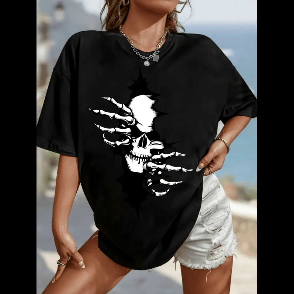 Womens Gothic Dark Skull Bone Print T-Shirt - Black Loose Fit Short Sleeve Round Neck Top With Edgy Hand Bone For Spring